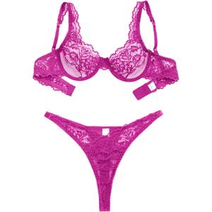 Sexy Scallop Floral Lace Mesh Sheer Underwire Lingerie Set 2 Piece (3X-Large, Hot Pink)