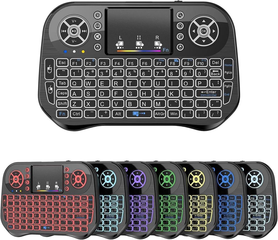Mini Wireless Keyboard with Touchpad Mouse Combo, 7 Colors RGB Backlit, Portable 2.4 Ghz Mini Keyboard with Rechargable Li-ion Battery for Android Box, Smart TV, Pad, PC, HTPC, Tablet and Windows OS, Black