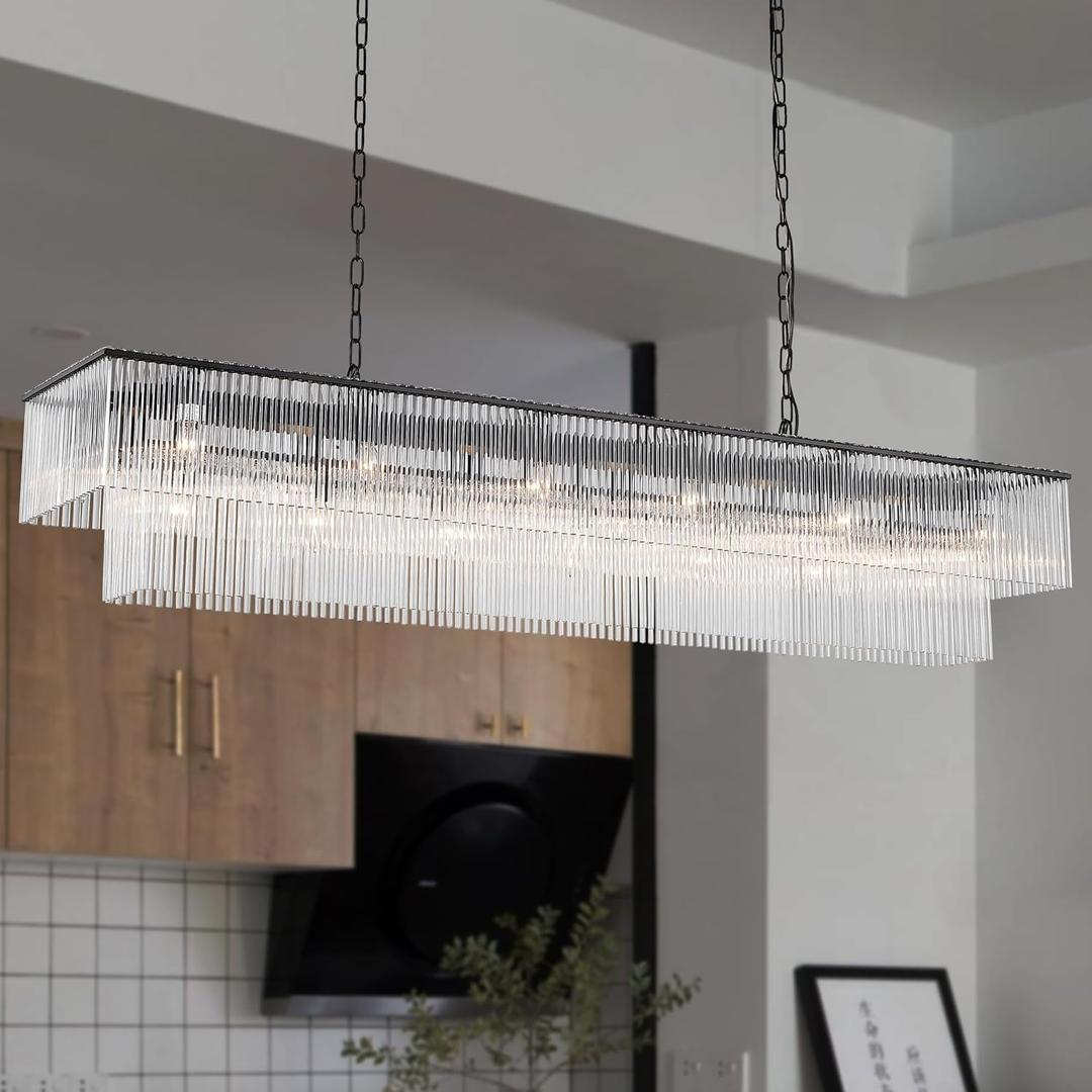 L59 Modern Black Rectangle Glass Chandelier for Dining Room Contemporary Glass Light Fixture Linear Kitchen Island Pendant Ceiling Light Oblong Raindrop Chandelier Lighting 21-Light