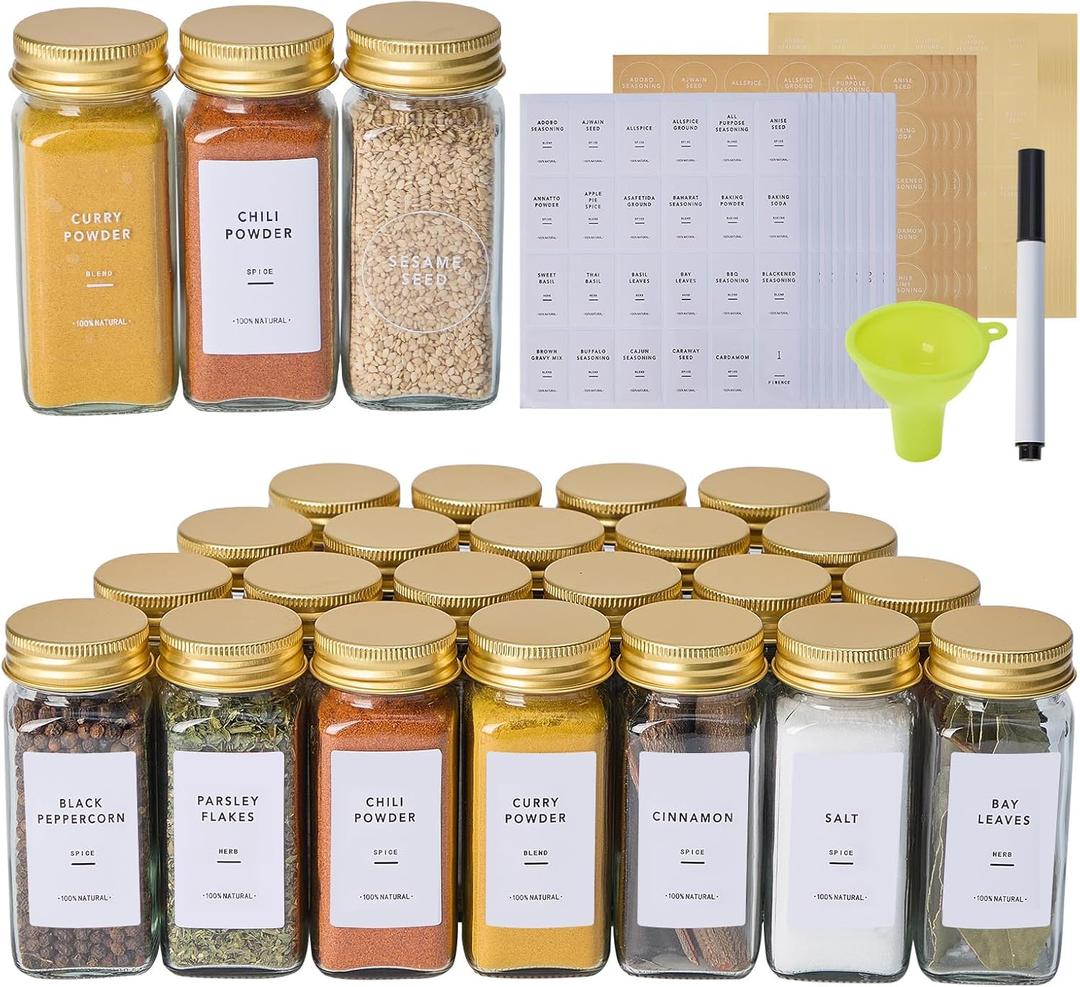 Fiwence 48 Pcs Glass Spice Jars with 576 Labels, 4oz Empty Square Spice Containers,Seasoning Bottles with Gold Metal Caps - Shaker Lids, Funnel and Pen Included