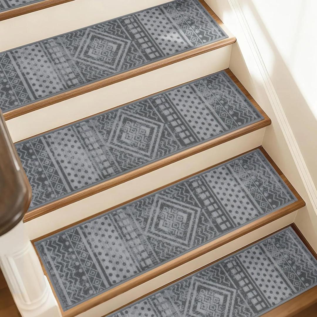 JSEI Stair Treads for Wooden Steps, 15 Pack 8" X 30" Non-Slip Machine Washable Carpet Stair Tread with TPE Backing, Indoor Stair Rug Runner for Kids, Elders & Pets, Polyester, Light Grey/Charcoal Black
