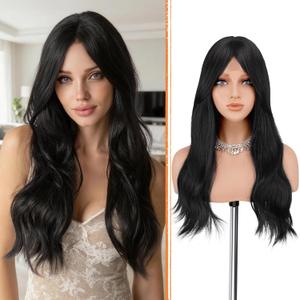 Haloo Black Wigs with Curtain Bangs - Lace Front Hairline Middle Part Long Layered Natural Looking Wavy Hair Synthetic Women Wig for Daily Party, 22 Inch Natural Black