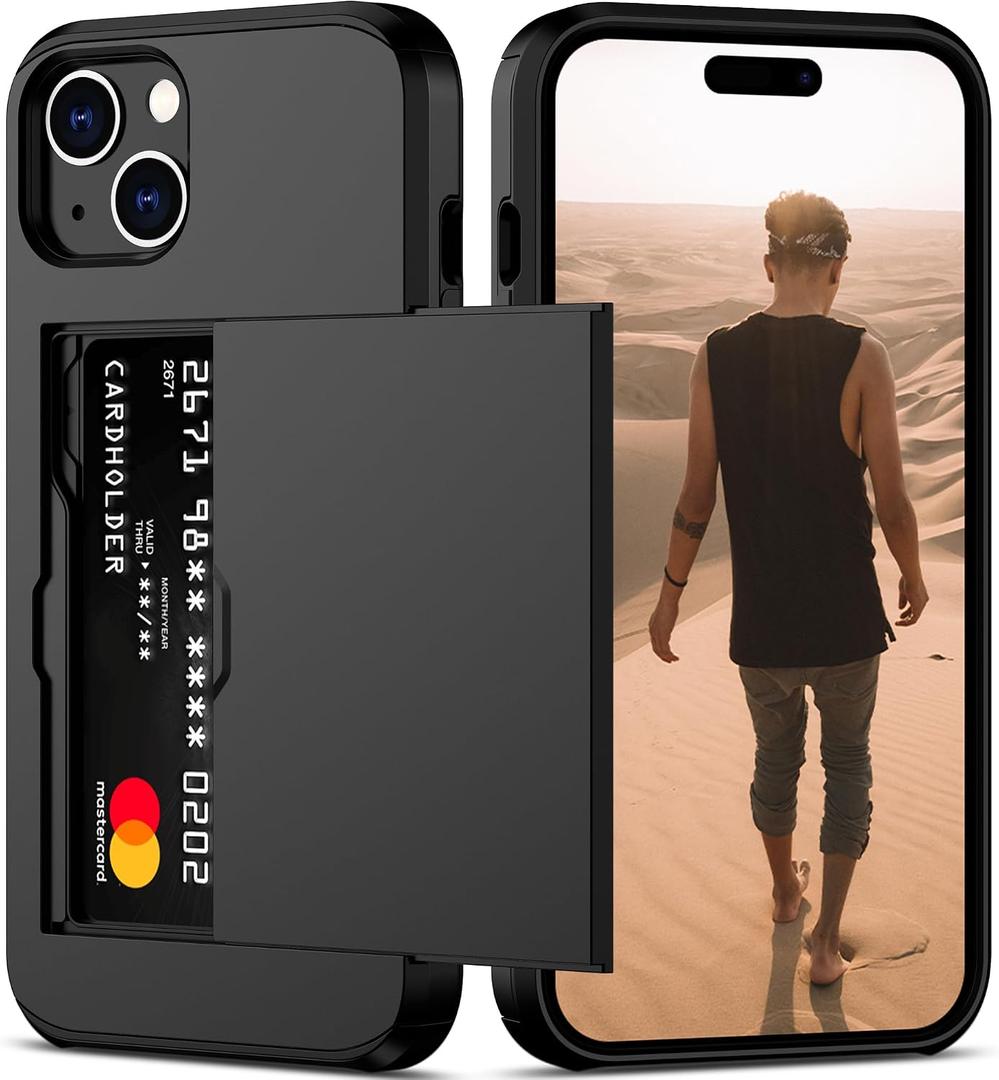 Nvollnoe Compatible with iPhone 15 Plus Case with Card Holder Heavy Duty Protective Dual Layer Shockproof Hidden Card Slot Slim Wallet Phone Cover for Women&Men 6.7 inch(Black)