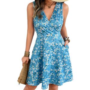 Casual Sleeveless Summer Dresses for Women | Floral Sundress, Wrap V-Neck, Elastic Waist with Pockets, Fit and Flare A-Line Design for Vacation, Beach, Casual Wear (M)