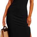 Valiamcep Women's 2025 Summer Tank Dress Square Neck Ribbed Knit Sexy Side Slit Sleeveless Casual Bodycon Dress Basic Fitting Midi Dresses Black M