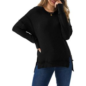 AirZeal Womens Long Sleeve Tops Ribbed Loose Fit Oversized Shirt with Side Slit High Low Hem Fall T Shirts (Large, 12378black)