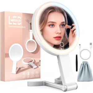 Travel Makeup Mirror with Lights, 15X/1X Double Sided Travel Magnifying Mirror, Portable Beauty LED Mirror, Gifts for Mom, 3 in 1 Tabletop/Handheld/Hanging, 3 Color Lighting, Dimmable Touch