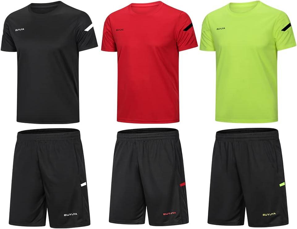 BUYJYA Men's Workout Clothes Athletic Shorts Shirt Set 3 Pack Basketball Football Training Running Gym Christmas gifts (Medium, Black/Red/Green)