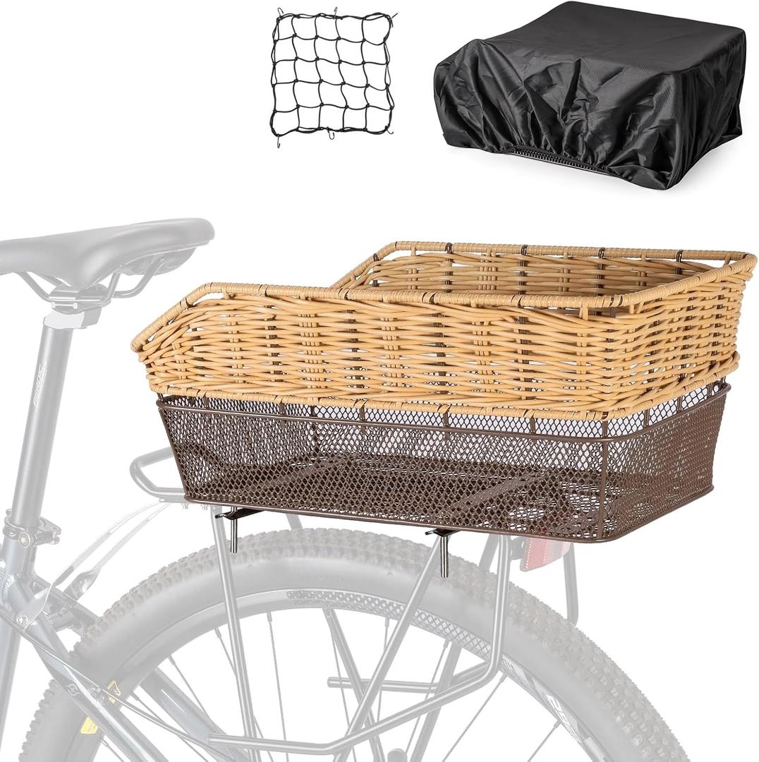 CXWXC Rear Bike Basket - Large Bicycle Rear Basket with Cargo Net and Waterproof Cover, Hand-Woven Baskets Rear Large Capacity (Brown)