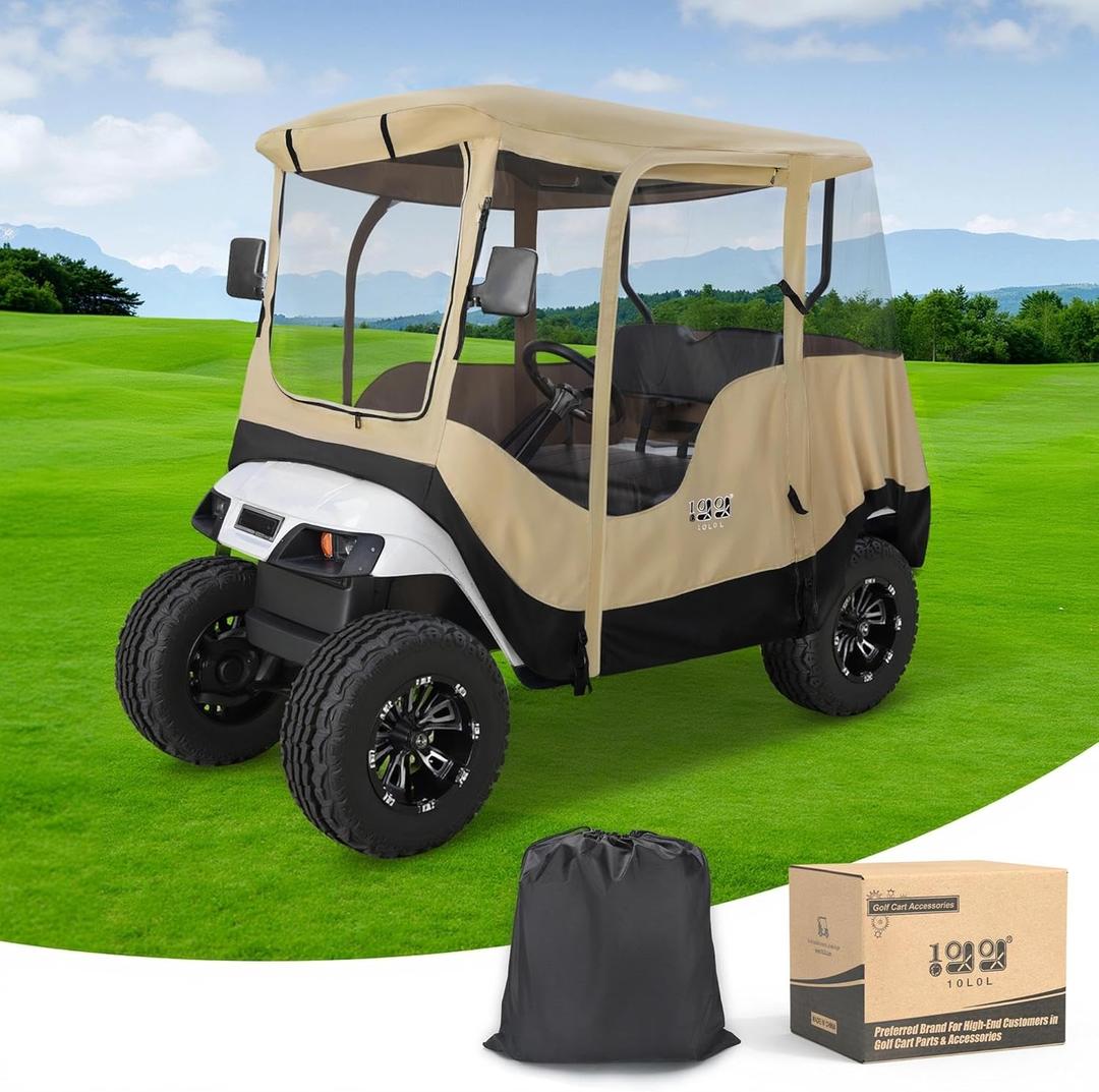 10L0L 2/4 Passenger Golf Cart Driving Enclosure for EZGO TXT/RXV Model, 4-Sided Clear Window 600D Rain Cover All Weather Windproof Waterproof - Black/Beige (Khaki)