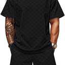 TAFLE Men's 2 Piece Set Summer Outfits Casual Geometric Texture Short Sleeve Shirt and Shorts Track Suits for Men Set (Large, Black)