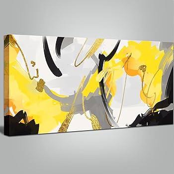 Wall Art for Living Room, Yellow and Black Abstract Canvas Wall Art, Colorful Fluid Lines Wall Decor Canvas Paintings, Black Framed Artwork Modern Paintings Pictures Wall Decor 20×40 inches