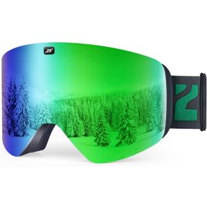 ZIONOR X11 Ski Goggles Magnetic Cylindrical Snowboard Snow Goggles for Men Women (B1-black Frame Revo Green Lens Vlt 17% S3)
