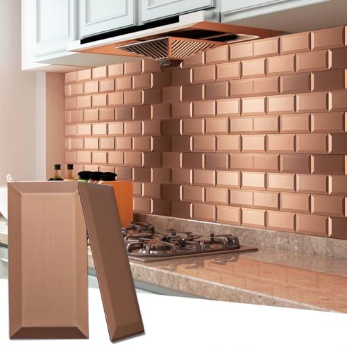 Art3d 100 Pcs Peel and Stick Backsplash Tiles, 3D Textured Metal Stick On Subway Wall Tiles for Kitchen Back Splashes, Bathroom, Laundry Room, 3 x 6 Inch, Copper