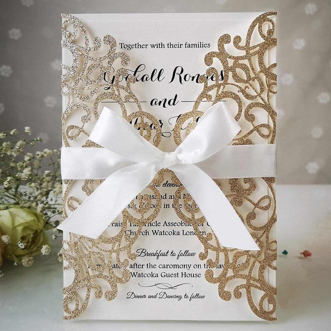 5.12x7.28 Inch 20PCS Blank Gold Glitter Wedding Invitations Kit Laser Cut Hollow Flora Pocket Quinceanera Invitation Cards with Envelopes for Wedding Birthday Invite