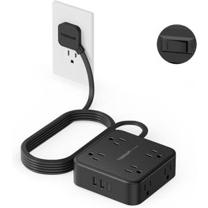TESSAN Surge Protector Power Strip, 10 Ft Flat Plug Extension Cord with 3 USB (1 USB C) 8 Outlets, 1250W, 900J Protection, 3 Sided Outlet Extender with Power Switch for Office, Dorm Room, Black