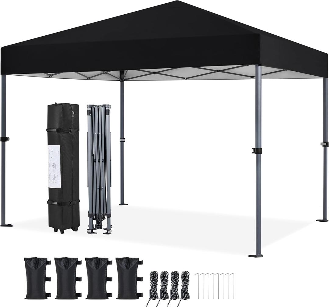 Yaheetech 10x10 1-Person Setup Pop Up Canopy Tent, Instant Portable Commercial Canopy Tent, Outdoor Gazebo with 1-Button Push, Wheeled Bag & 4 Sandbags for Home, Party & Outdoor Activities, Black