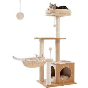 PEQULTI Cat Tree Modern Cat Tower for Indoor Cats,Multilevel Cat Play House with Large Condo, Spacious Hammock, Cozy Top Perch,Scratching Post and Dangling Balls M(18.9"L x 15.8"W x 42"H)