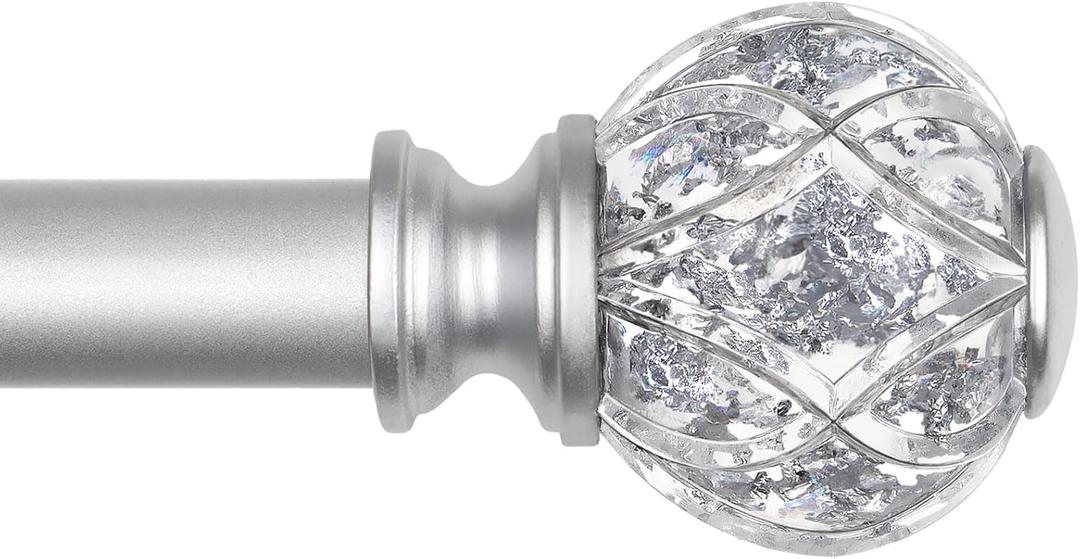 KAMANINA Silver Curtain Rod 32 to 58 Inch (2.6-4.8 ft), 7/8 Adjustable Single Curtain Rods for Windows 28 to 48 Inch, Decorative Splicing Drapery Rods with Crystal Translucent Finials