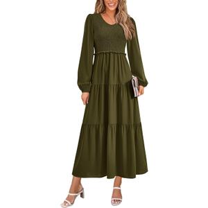 PRETTYGARDEN Fall Dresses for Women 2025 Casual Long Sleeve V Neck Smocked A Line Long Flowy Wedding Guest Dress (Black, XL)