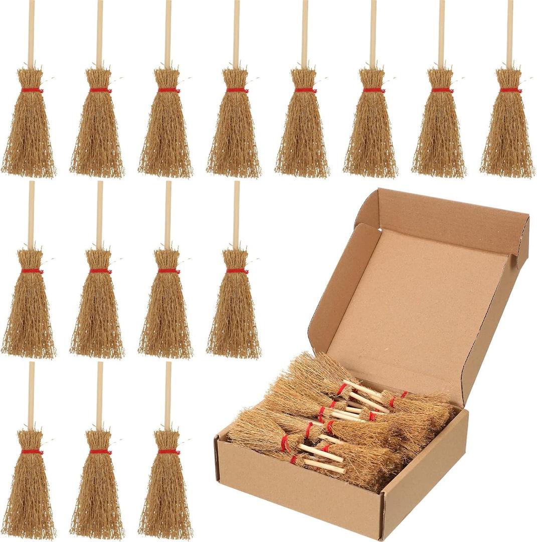 Cindeer 30 Pcs Miniature Halloween Mini Straw Brooms Artificial Halloween Straw Craft Decoration Small Dollhouse Witch Broomstick with Red Ropes Wizard Witches Accessory for Costume Cosplay Party