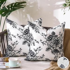 Black and White Outdoor Pillow Covers 18x18 Inch Waterproof Farmhouse Square Decorative Throw Pillows Covers for Patio Couch Floral Pattern Sofa Tent Pillowcases Set of 2