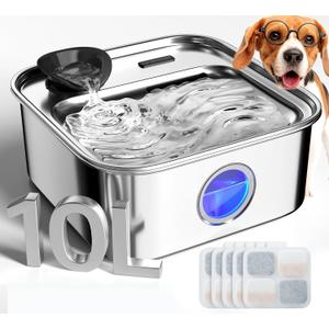 oneisall Dog Water Fountain, 2.6Gal/10L Stainless Steel Dog Water Bowl Dispenser with Deeper Drinking Aera & Washable Filter, Ultra-Quiet Pet Water Fountain for Small Medium Large Dogs(with 5 Fllters)