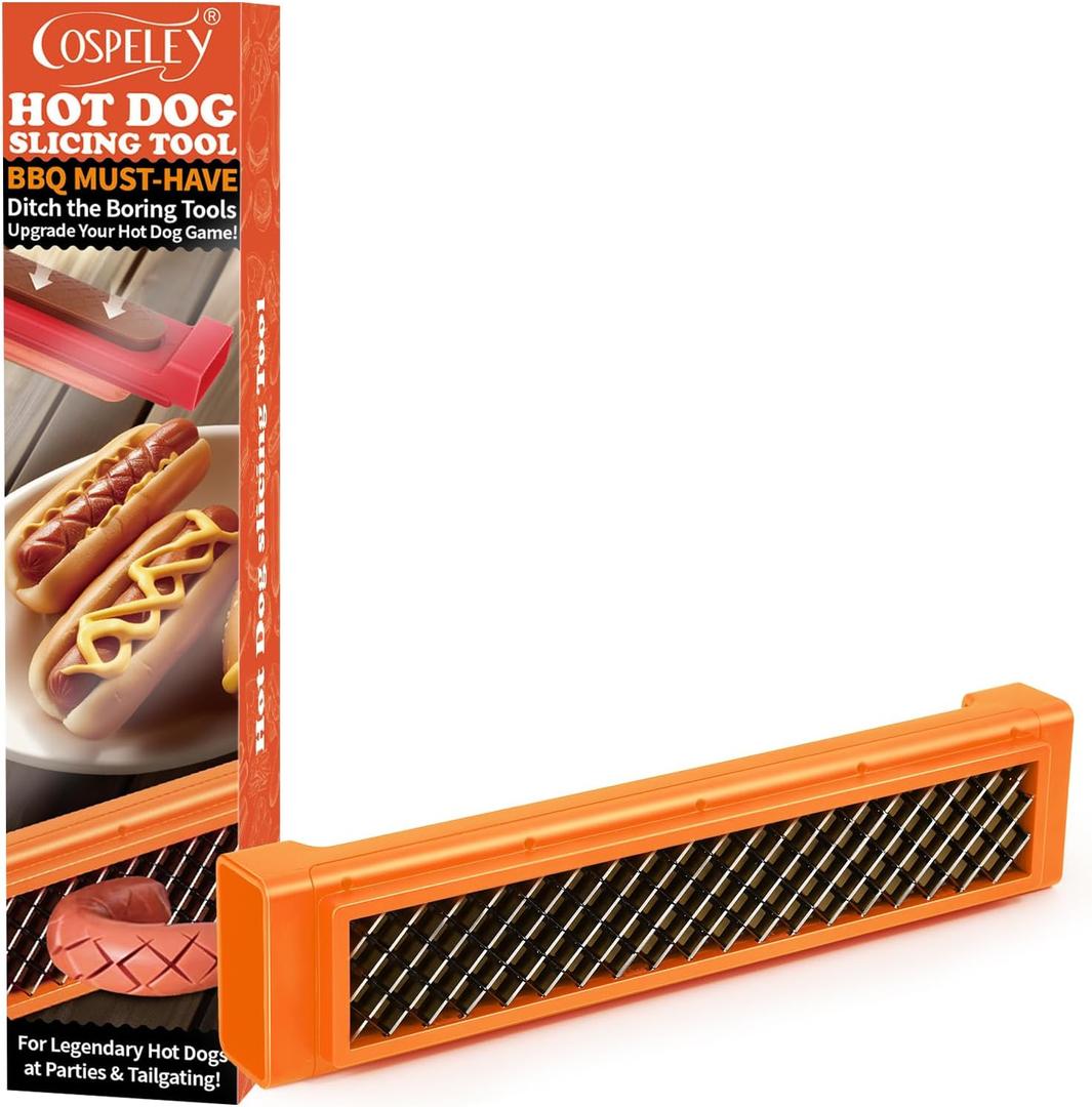 Hot Dog Cutter Tool - Pop-Out Hot Dog Slicer Criss Cross, Stainless Steel Blades, Suitable for Kitchen, Grilling, Tailgating, Camping and Backyard Outdoor BBQ - 11 Inch - Red (Yellow)