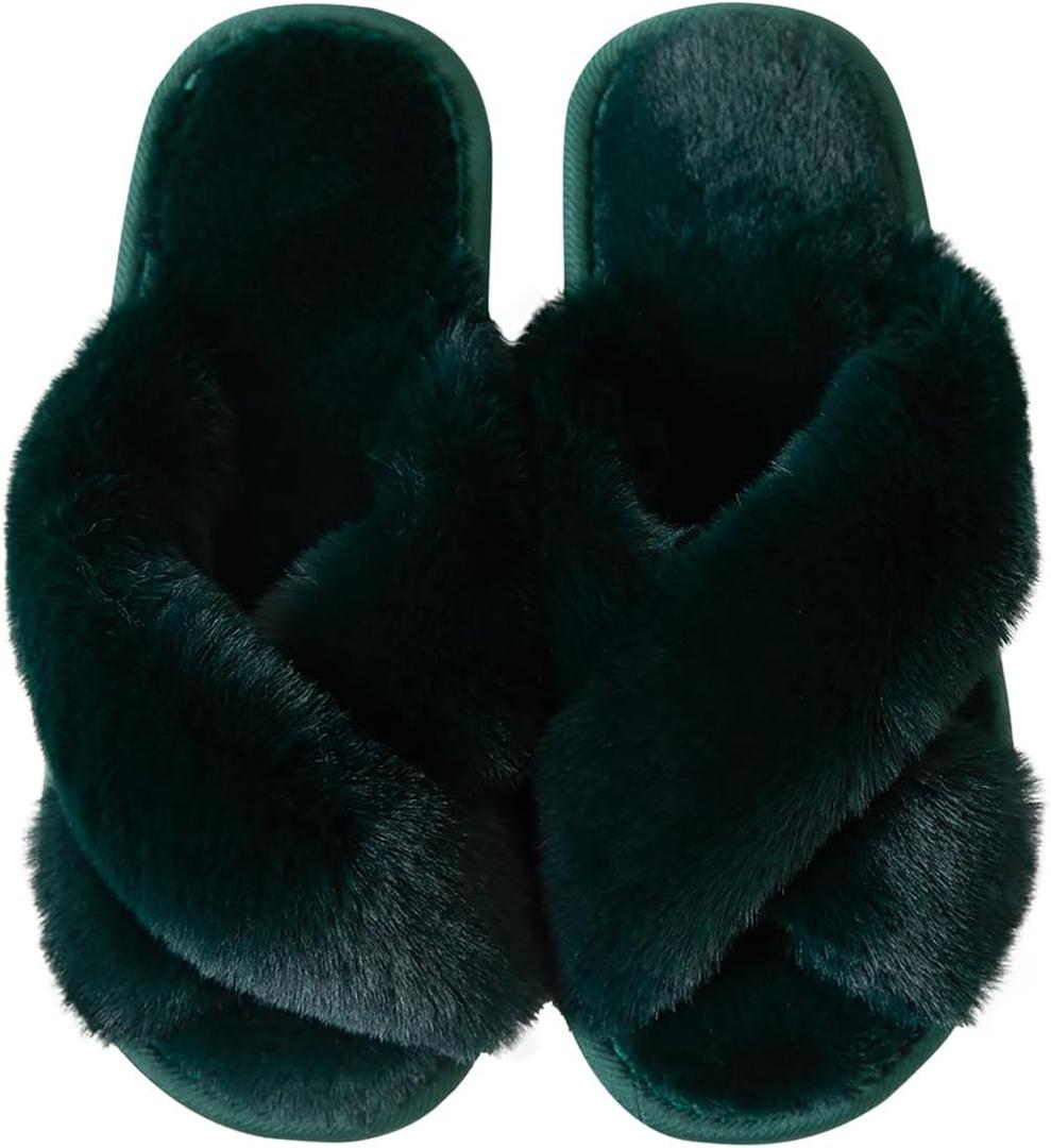 2 x Enteer Women's Slipper Memory Foam Cross Band Fuzzy Slippers Open Toe Cozy House Slippers Cozy Plush Bedroom Indoor Outdoor (Green)