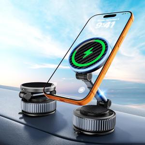 CloudValley 15W Wireless Charger Magnetic Car Mount Phone Holder Carbon Fiber, Dashboard/Windshield 360 Adjustable Stand [Compatible with MagSafe] Wireless Charging Arm for iPhone 17-12 Series