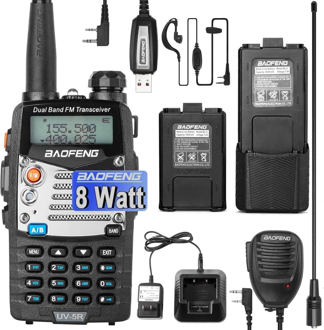 BAOFENG UV-5R 8W Ham Radio Handheld Dual Band 2-Way with an Extra 3800mAh Battery with BAOFENG Hand Mic and Programming Cable (1-Pack)