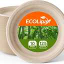 ECOLipak 100% Compostable 10 Inch Paper Plates, 125 Pack Heavy Duty Disposable Biodegradable Eco-friendly Sugarcane Bagasse Plates for Dinner Party (Nature)