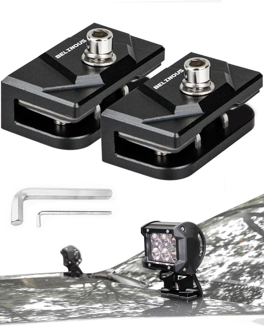 Belinous Hood Light Mounting Bracket, 2PCS Ditch Light Brackets for Led Light Bar Work Light Pillar Pod, Hood Hinge Light Bracket for Truck SUV Cars, Aluminum Alloy Clamp Mount No Drilling (Black)