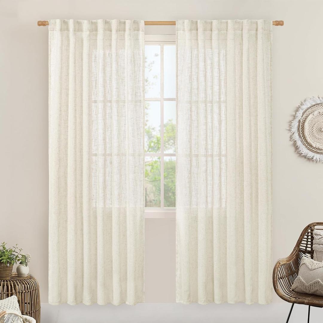 LAMIT Natural Linen Semi Sheer Curtains 80 Inch Length, Light Filtering Neutral Window Curtains Farmhouse Boho Back Tab and Rod Pocket Panels, Natural Cream Ivory, 2 Panels, 52 x 80 Inch