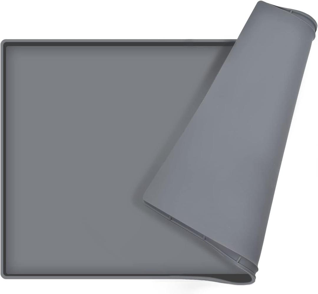 Dog Food Mat,Silicone Waterproof Food Tray,Non Slip Pet Bowl Mats Placemat,0.8" Raised Edge,Suitable for Most Small and Medium Sized Pets,28" x 18" (Grey)
