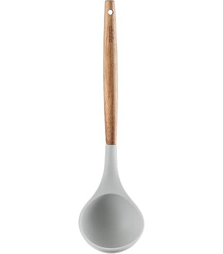 Silicone Soup Ladle - with Wooden Handle, Non-Stick Cookware Heat Resistant Kitchen Utensil - Silver Gray