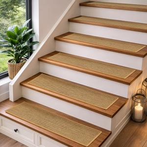 15PC Non Slip Stair-Treads, 3D Peel and Stick Stair Treads for Wooden Steps Indoor | Stair-Carpet Treads Washable Reusable Adhesive | carpet for stairs Stair-Runner Rugs for Kids and Dogs 9"x28" Beige