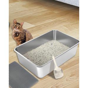 UWANGPET Stainless Steel Cat Litter Box,Odour Proof Litter Pan, Non-Stick, Easy to Clean, Rust Resistant, Non-Slip Rubber Feet