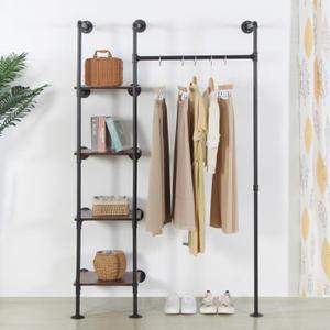 Industrial Pipe Clothing Rack with Shelves, 71inch Wall Mounted Closet Storage Racks,Hanging Clothes Retail Display Rack, Garment Racks with Shelves Closet Rods System (II-4 Tier-Black)