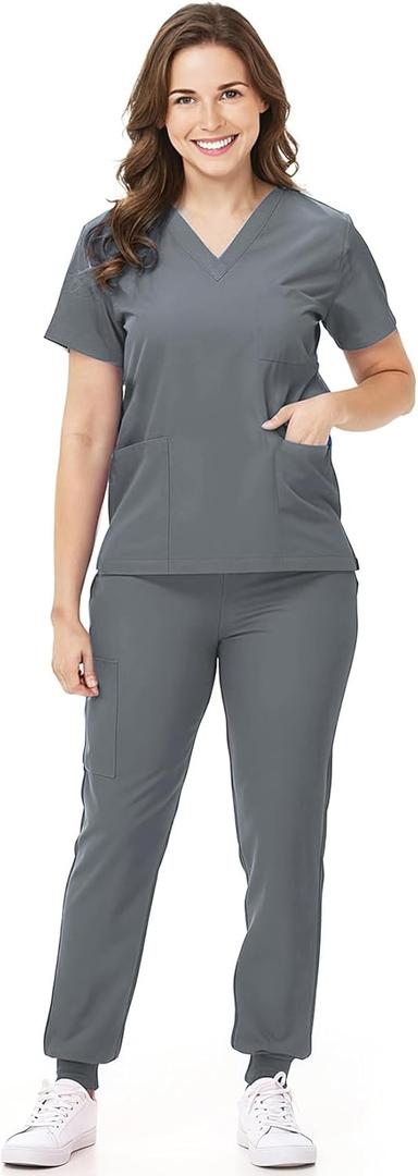 Scrubs Set for Women Nurse Uniform V-Neck Top and Drawstring Jogger Pants with Multi Pocket Nurse Workwear (Medium, Gray)