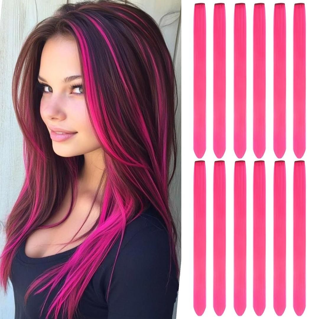 Leeven 22 Inch Hot Pink Colored Hair Extensions Clip in 12PCS Long Straight Clip on Synthetic Hairpieces Colorful Party Highlights Hair Accessories Cosplay Christmas for Women Girl Kids