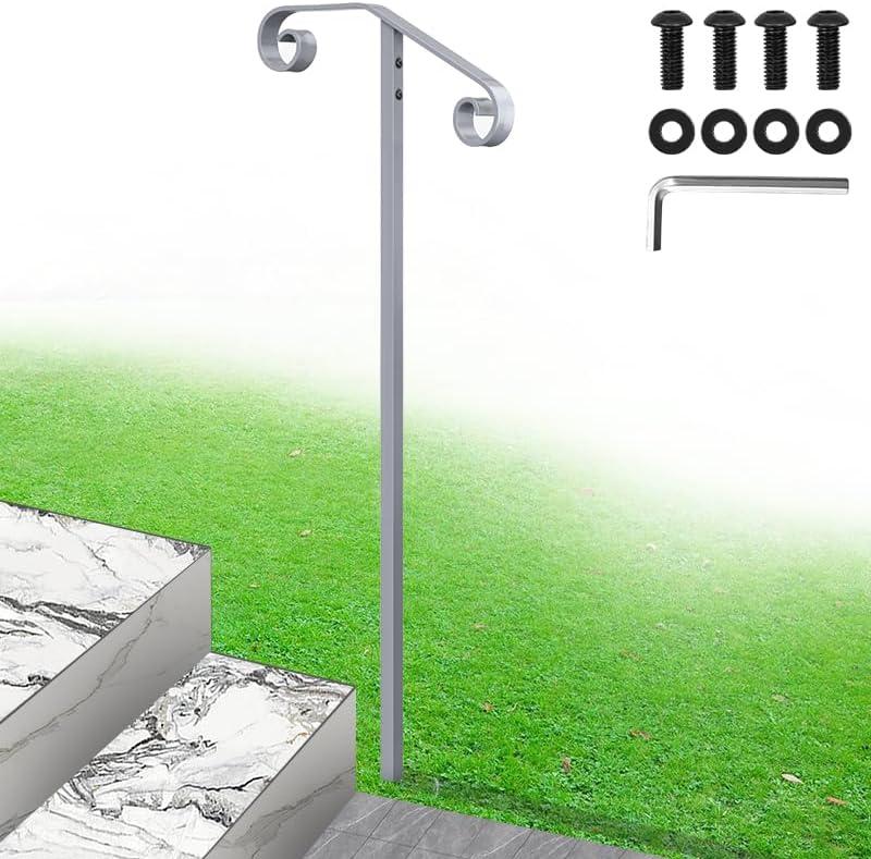 Single Step Handrail, 1 or 2 Steps Single Post Handrail in Ground, Grey Rust-Proof Wrought Iron Stair Railing for Seniors, Porch, Deck