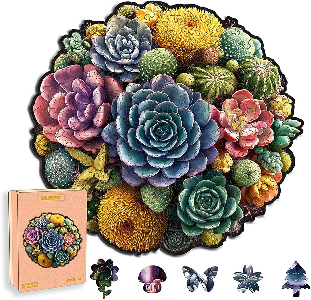 Wooden Puzzles for Adults, Succulent Jigsaw Puzzles, Unique Plants Adult Puzzles, Irregular Creative Gift for Family Game, Christmas Birthday Gifts Home Decor