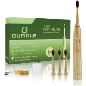 Bamboo Electric Toothbrush, Sonic Electric Bamboo Toothbrush for Adults, IPX7 Waterproof Rechargeable Toothbrush, 5 Cleaning Modes, 4 Bamboo Brush Heads Soft Bristle