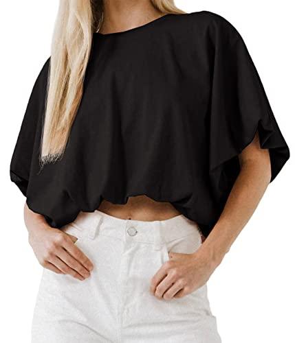 Women's Crewneck Crop Tops Short Sleeve Casual Loose Cropped T Shirts (Black, Small)