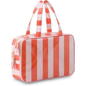 Travel Toiletry Bag for Women, Waterproof Clear Coated Portable Stripe Makeup Cosmetic Bag with Compartment, Travel Organizer for Shampoo, Conditioner, Brushes Set,Cosmetic Accessories(Pink-Orange)