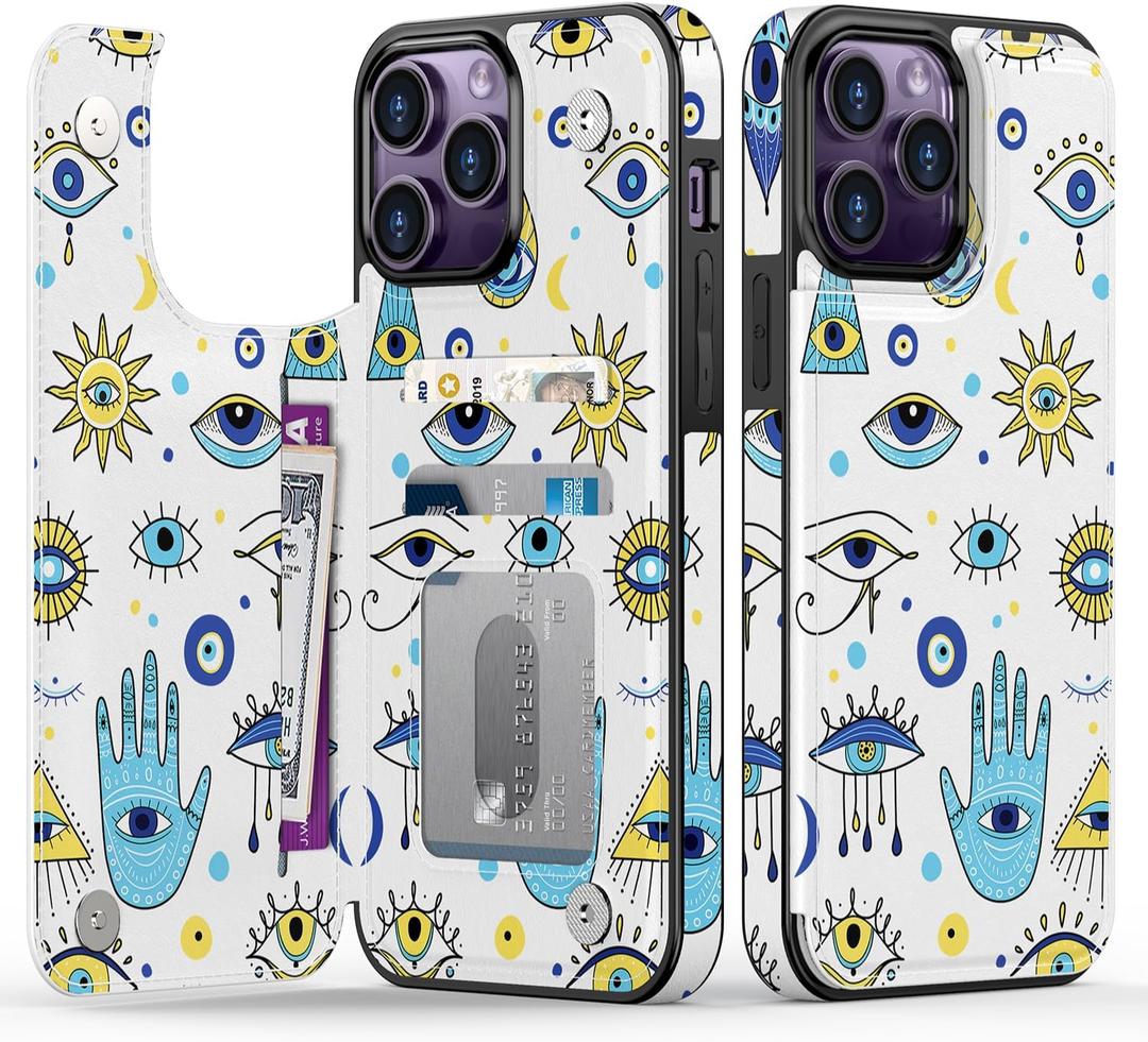 Goodon for iPhone 13 Pro Case Wallet - Flip Folio Leather Cover with Trendy Floral Design, 3 Card Slots & Kickstand Function, Stylish Protective Phone Case for Women and Girls - Eyes