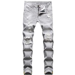 Men's Mid Wiast Light Grey Skinny Fit Ripped Destroyed Distressed Casual Fashion Washed Jeans,870,32
