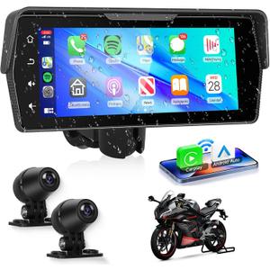 Motorcycle Front+Rear Dash Cam,6.86 inch IPS 1280x480P Touch Screen,1080P Motorcycle Camera DVR,Wireless Carplay&Android Auto,GPS,IP67 Waterproof,120Wide,Bluetooth5.0,TF,PhoneLink for Motorbike