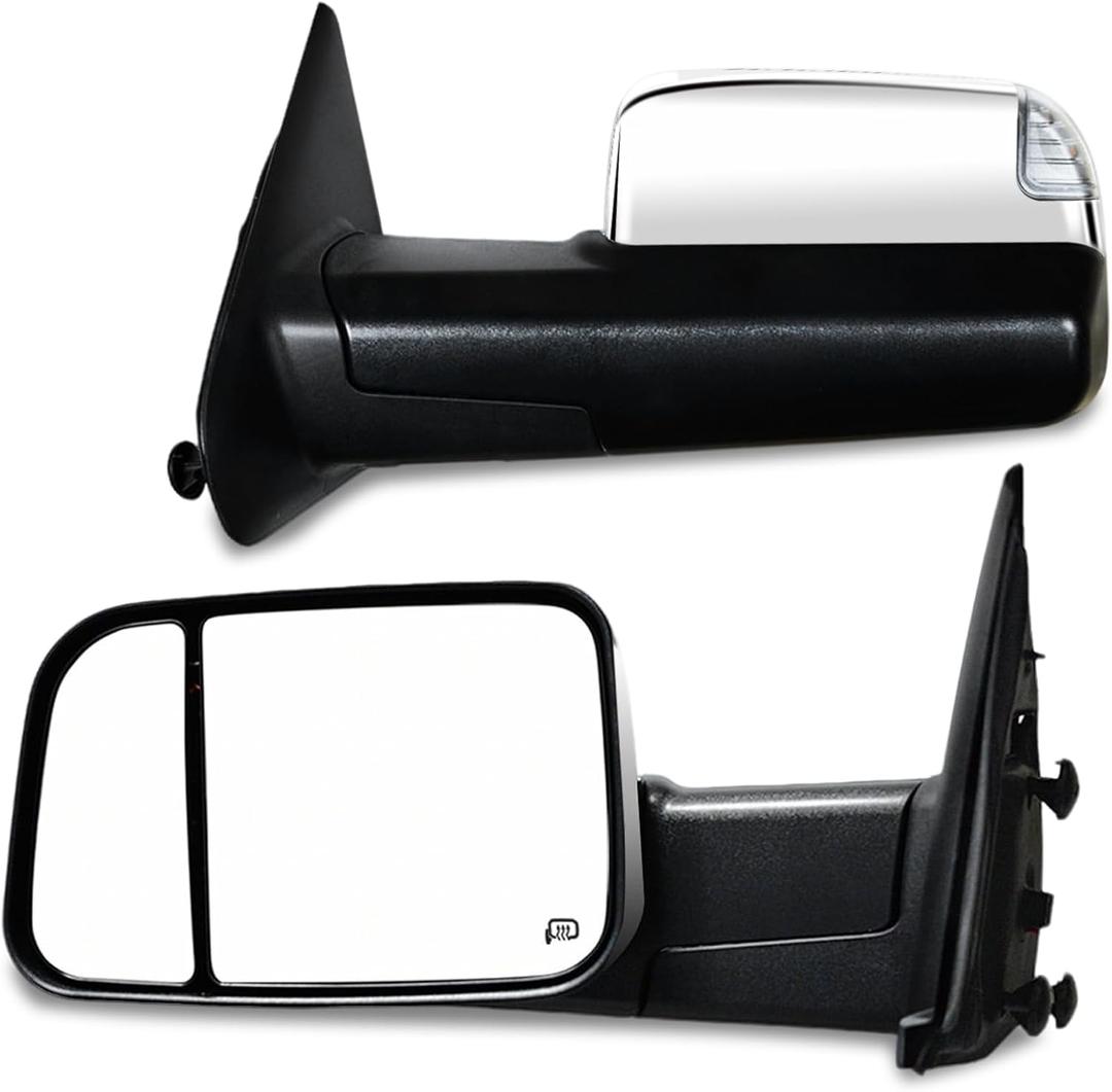 AERDM New Towing Mirrors Compatible with 2002-2008 Dodge Ram 1500 for 2003-2009 Dodge Ram 2500 3500 Pickup Truck Power Heated Side View Pair Set Black Flip-Up Side Mirror (Chrome), Standard